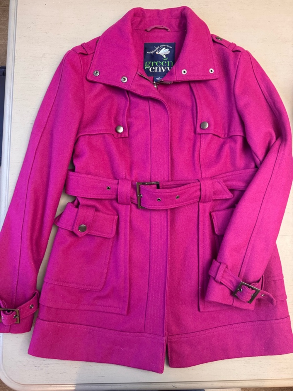 Women's Green W/ Envy Magenta Belted Wool Pea Coat Size Small/Medium EUC